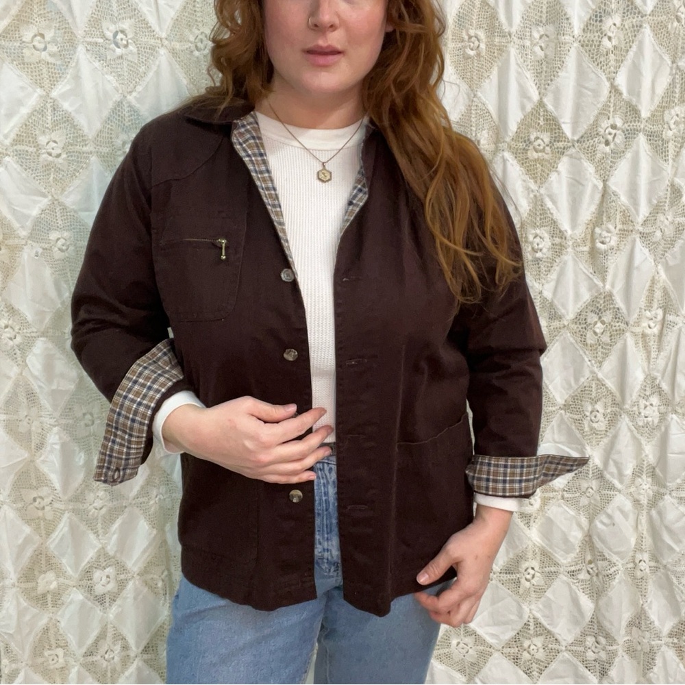 Vintage brown chore barn coat by cabin creek / plaid lined / large / 100% cotton